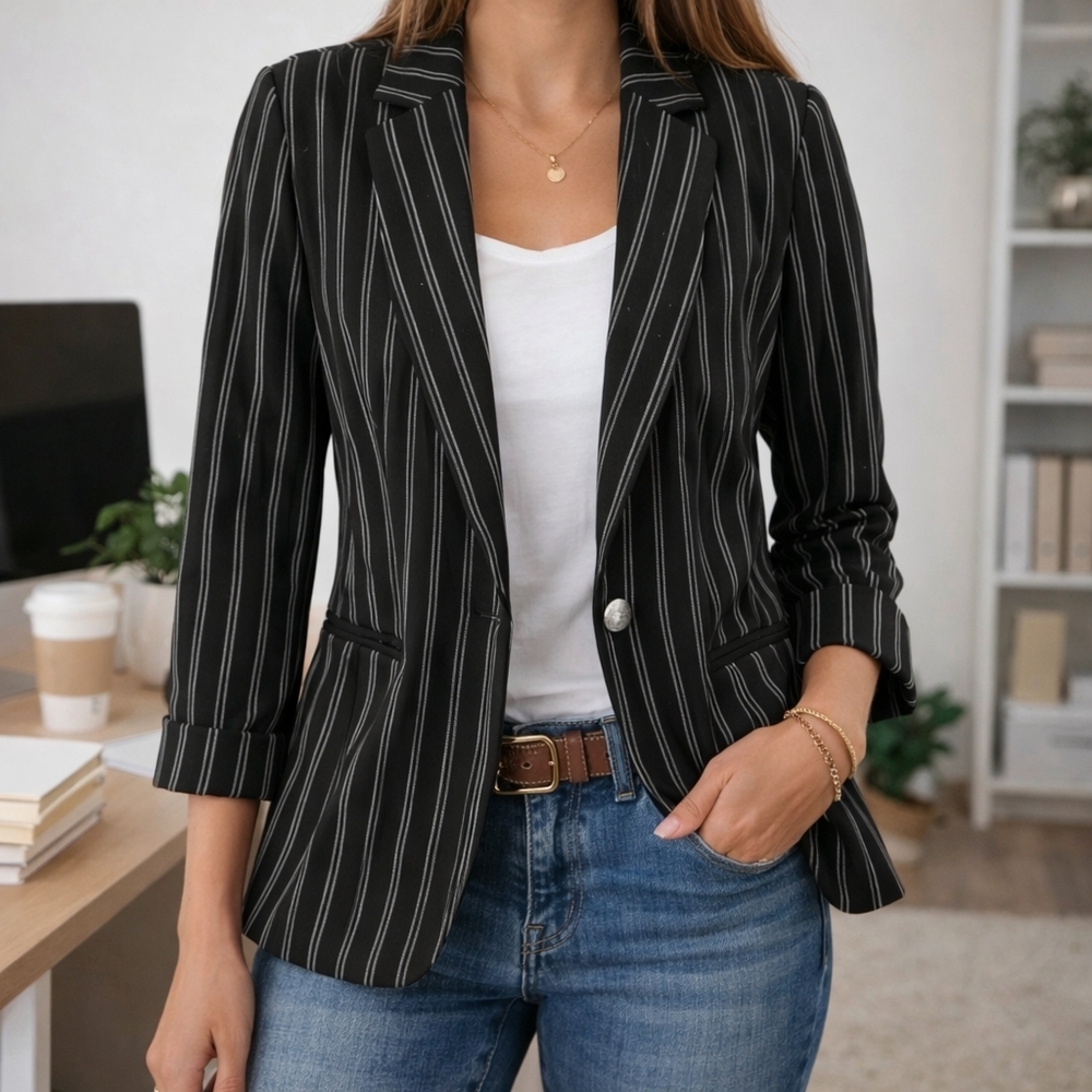 NWT Ricki’s Black White Pinstripe Blazer Tailored Office Career Chic Jacket